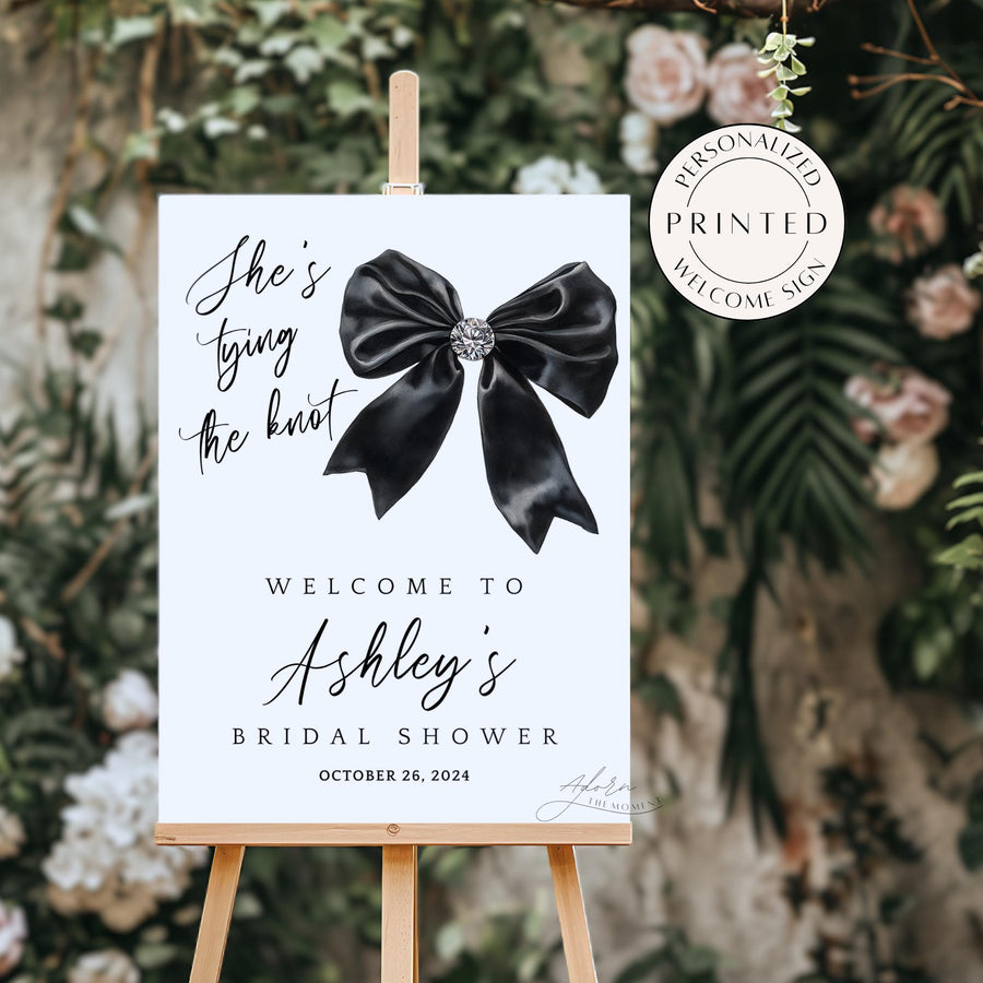 She's Tying The Knot Bow Bridal Shower Welcome Sign, Personalized Bridal Shower Invitation Coquette Black Bow Printed Welcome Sign