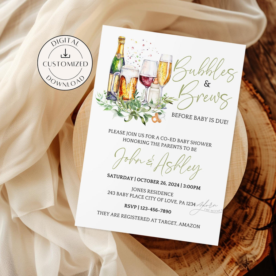 A stylish Bubbles & Brews couples baby shower invitation featuring beer, wine, and champagne elements. The digital invitation is customizable, making it perfect for a fun and festive co-ed baby shower or sip and see.