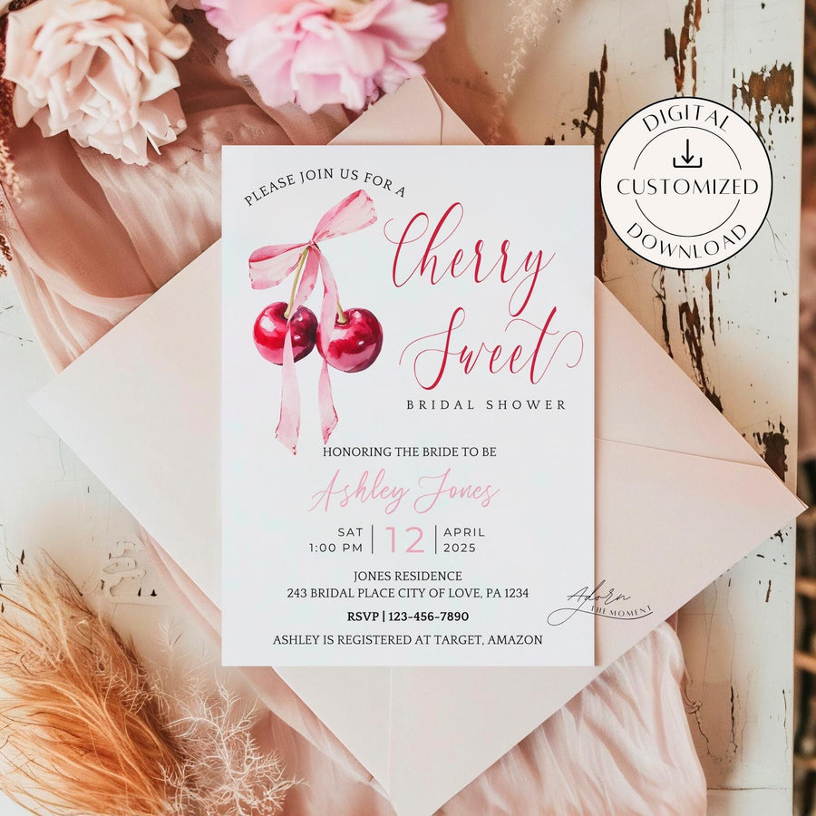 Cherry-themed bridal shower invitation featuring a pair of cherries tied with a soft pink coquette bow. Perfect for celebrating the bride-to-be with a playful yet elegant design, combining vintage-inspired details and a sweet, feminine touch.