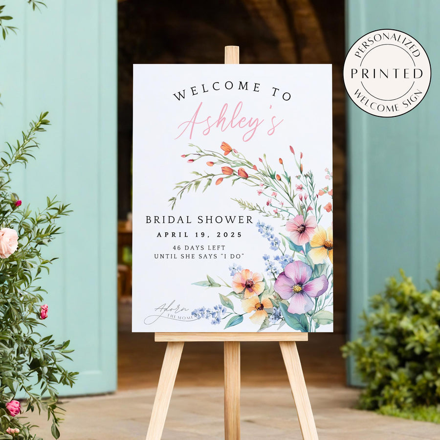 Personalized floral bridal shower countdown sign with watercolor flowers, customized with the bride-to-be’s name, bridal shower date, and days until the wedding.