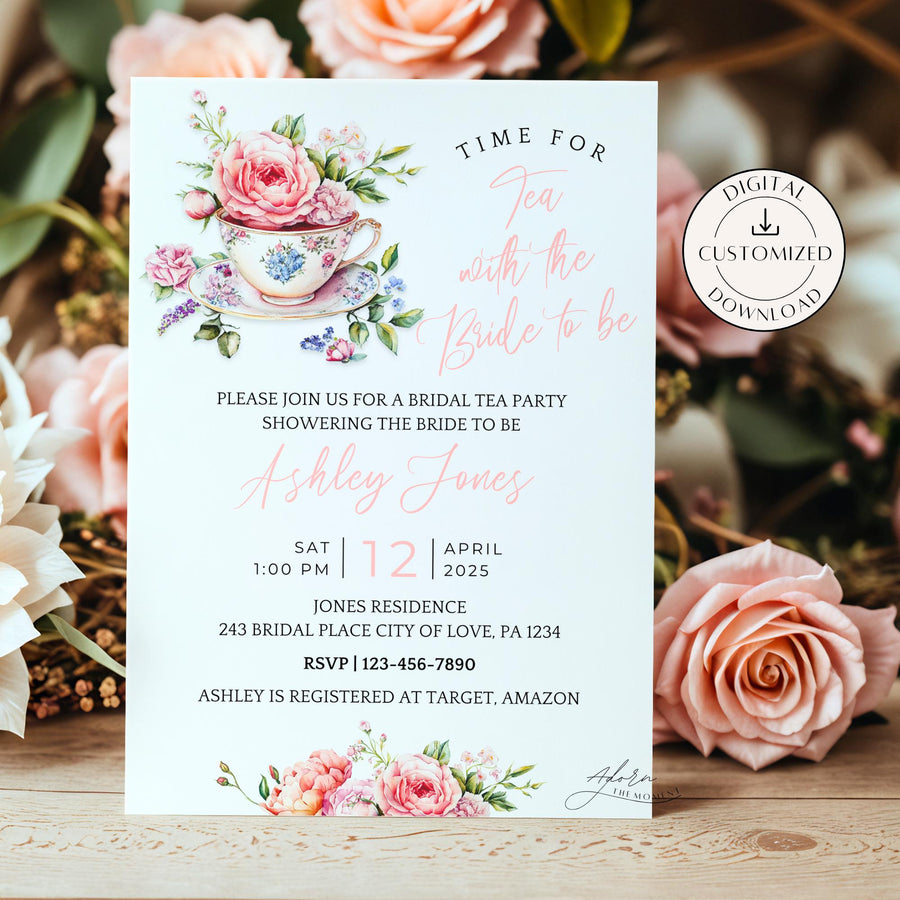 Custom Garden Tea Party Bridal Shower Invitation, Personalized Time For Tea With The Bride To Be Shower Invite, Floral Garden Tea Invite