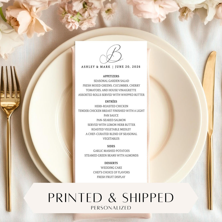 Custom Monogram Wedding Menu Cards, Printed & Shipped, 4x8 Reception Menus, Personalized Wedding Table Decor