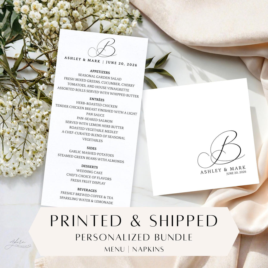 Custom Monogram Wedding Menu, Napkin Bundle, Printed & Shipped, Personalized Wedding Table Decor Set