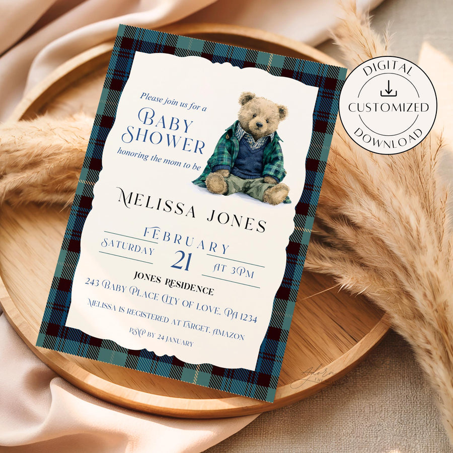 Custom Tartan Plaid Polo Inspired Baby Shower Invitation, Blue Green Teddy Bear Shower, Classic Preppy Baby Boy Shower Evite