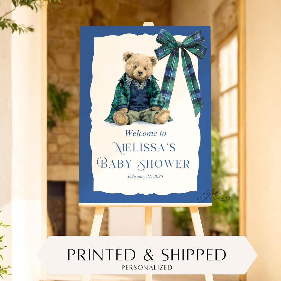 Custom Tartan Plaid Bow Polo Inspired Baby Shower Welcome Sign, Blue & Green Teddy Bear Bow, Preppy Baby Boy Shower Decor