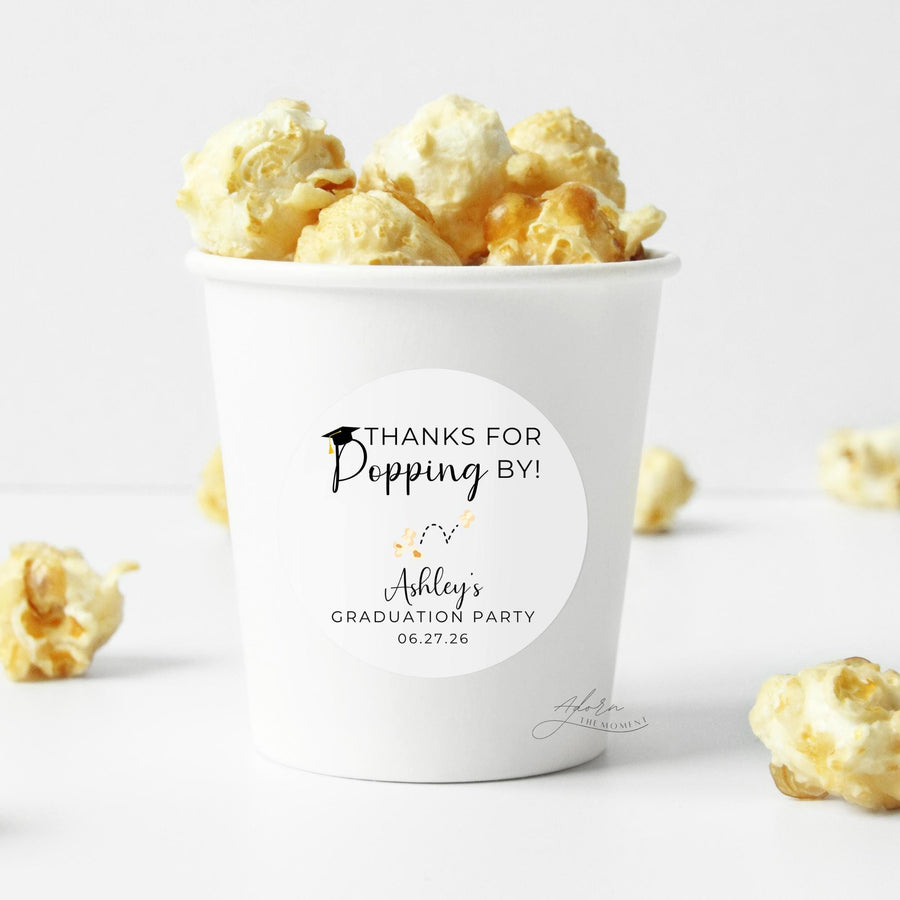 Personalized Graduation Stickers, Thanks For Popping By Popcorn Graduation Party Favor Stickers, Graduation Kettle Corn Treat Bag Labels