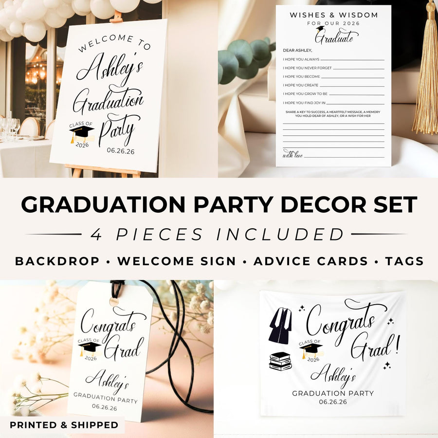 Custom Graduation Decor Bundle, Welcome Sign, Backdrop Banner, Gift Tags & Advice Cards, Personalized Graduation Party Set, Grad Party Decor