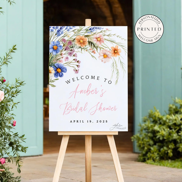 Personalized Floral Wildflower Bridal Shower Sign, Watercolor Flower Bouquet Bridal Shower Decor, Custom Floral Bridal Shower Welcome Sign