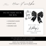 She's Tying The Knot Bow Bridal Shower Welcome Sign, Personalized Bridal Shower Invitation Coquette Black Bow Printed Welcome Sign