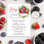Customizable baby shower invitation featuring the sweet quote A Berry Sweet Baby Is On The Way with colorful illustrations of strawberries, blueberries, and raspberries. Perfect for a fruit-themed celebration to honor the mom-to-be