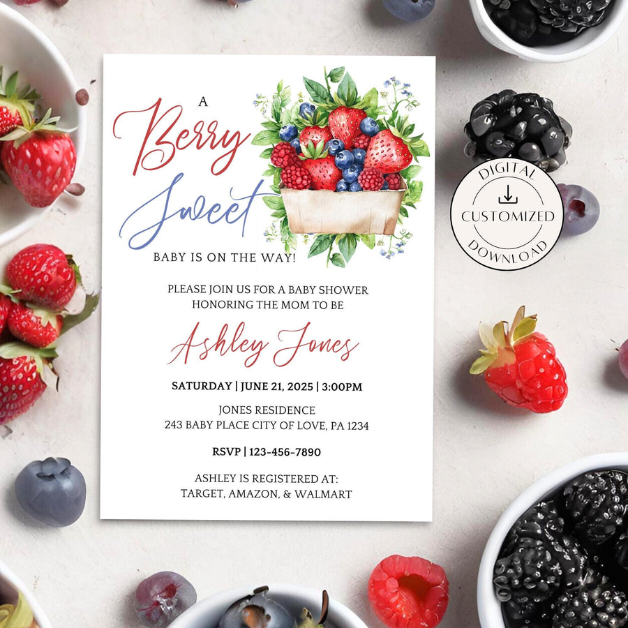 Customizable baby shower invitation featuring the sweet quote A Berry Sweet Baby Is On The Way with colorful illustrations of strawberries, blueberries, and raspberries. Perfect for a fruit-themed celebration to honor the mom-to-be