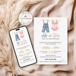 A gender reveal invitation featuring a boho-style clothesline design with a cute blue jean onesie and a pink ruffle dress onesie. Includes the quote 'He or She, What Will Baby [Last Name] Be?' on a minimalist background with warm earthy tones.