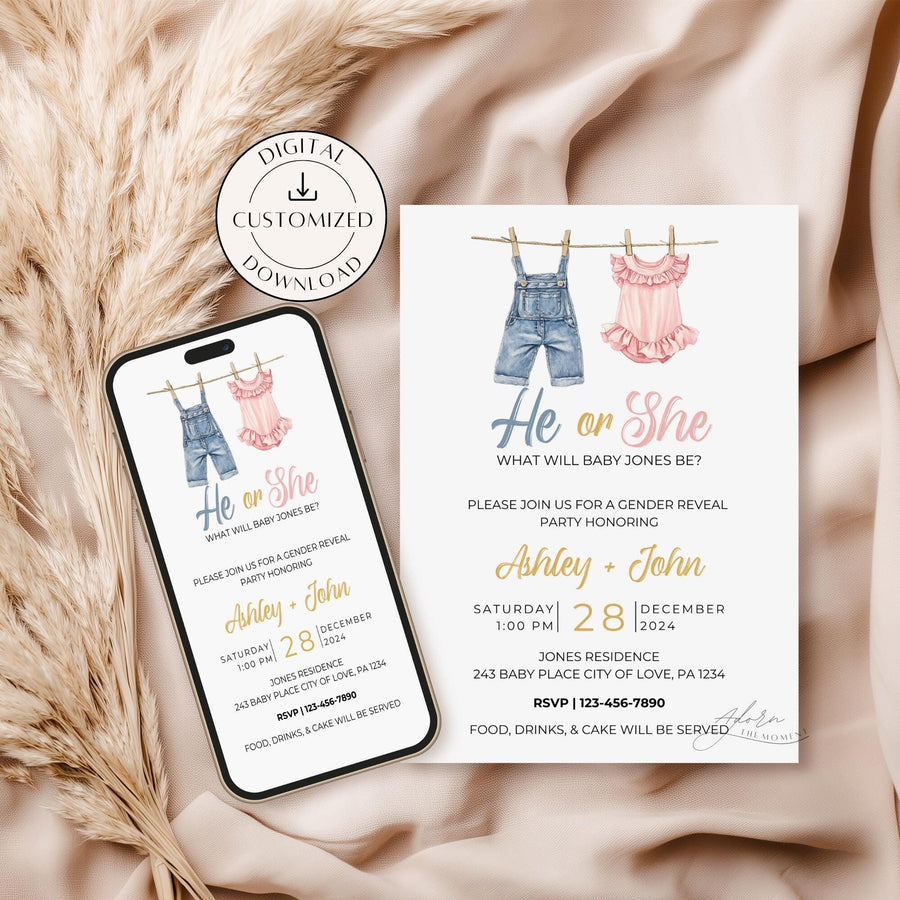 A gender reveal invitation featuring a boho-style clothesline design with a cute blue jean onesie and a pink ruffle dress onesie. Includes the quote 'He or She, What Will Baby [Last Name] Be?' on a minimalist background with warm earthy tones.