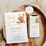 A Sweet and adorable baby shower invitation featuring a teddy bear playing in honey, inspired by Winnie the Pooh. Warm golden hues and whimsical details surround the quote, 'A Beary Sweet Baby Is On The Way,' creating a sweet theme baby shower.