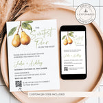 A charming twin baby shower invitation featuring two light green fruit pears hanging from a tree branch with lush greenery. This customizable digital invitation includes a QR code linking directly to the honoree’s registry.