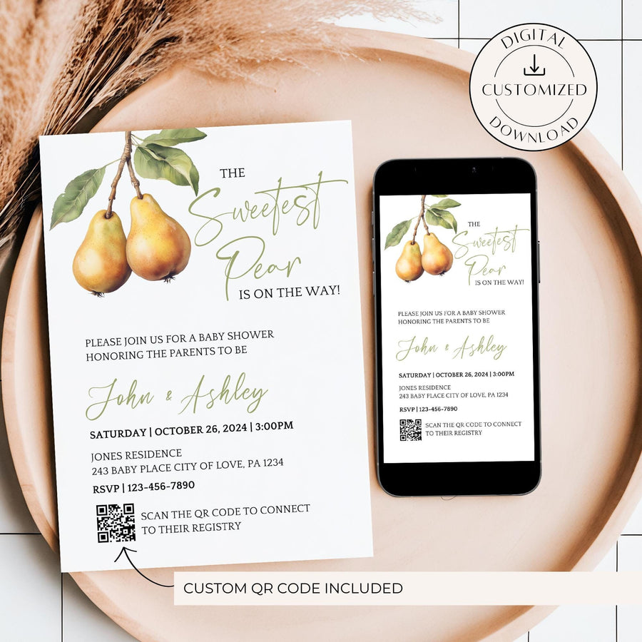 A charming twin baby shower invitation featuring two light green fruit pears hanging from a tree branch with lush greenery. This customizable digital invitation includes a QR code linking directly to the honoree’s registry.
