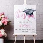 She Did It Pink Graduation Welcome Sign, Printed Graduation Party Welcome Sign, Pink & Black Bow Grad Sign, High School College Graduation
