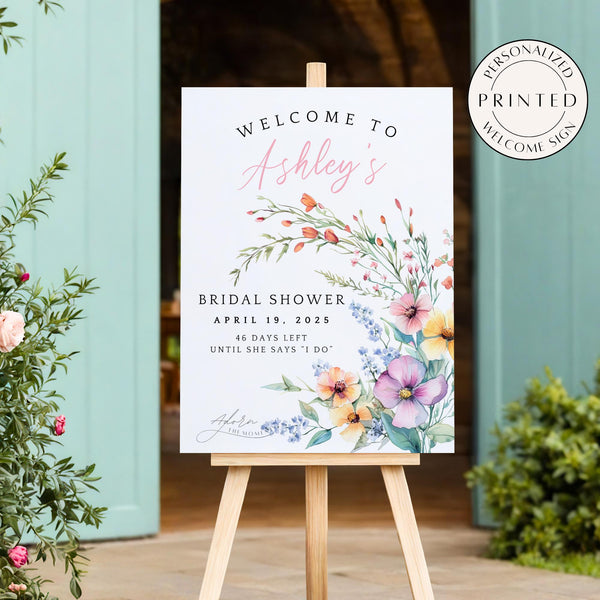 Personalized floral bridal shower countdown sign with watercolor flowers, customized with the bride-to-be’s name, bridal shower date, and days until the wedding.