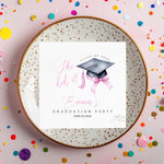 Personalized She Did It Pink Graduation Napkins, Custom Class of 2025 Pink And Black Bow Party Napkins, Cocktail & Luncheon Grad Napkins