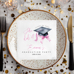 Personalized She Did It Pink Graduation Napkins, Custom Class of 2025 Pink And Black Bow Party Napkins, Cocktail & Luncheon Grad Napkins