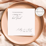 Black and white rehearsal dinner napkin with quote "Tomorrow I marry my best friend"

Minimalist wedding napkin featuring couple’s names and rehearsal date

Custom rehearsal napkin with romantic quote and modern design

Personalized black and white napkin for wedding rehearsal dinner

Elegant napkin with “Tomorrow I marry my best friend” and couple’s details