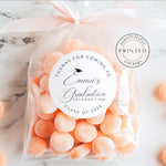 Custom Class of 2025 graduation favor sticker labels with the message “Thanks for coming to [Name]’s Graduation Celebration,” featuring a small graduation cap on the name. Available in 2, 2.5, and 3-inch sizes, personalized with graduate’s name and class year – perfect for party favors and envelope seals.