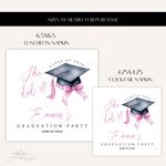 Personalized She Did It Pink Graduation Napkins, Custom Class of 2025 Pink And Black Bow Party Napkins, Cocktail & Luncheon Grad Napkins