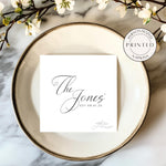 Minimalist wedding napkin with couple’s last name and date

Black and white custom napkin for wedding or rehearsal dinner

Elegant last name napkin with established year

Personalized wedding napkin with clean design

Simple black and white napkin with modern text