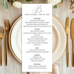 Custom Monogram Wedding Menu Cards, Printed & Shipped, 4x8 Reception Menus, Personalized Wedding Table Decor