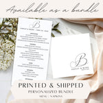 Custom Monogram Wedding Menu Cards, Printed & Shipped, 4x8 Reception Menus, Personalized Wedding Table Decor
