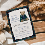 Custom Tartan Plaid Polo Inspired Baby Shower Invitation, Blue Green Teddy Bear Shower, Classic Preppy Baby Boy Shower Evite