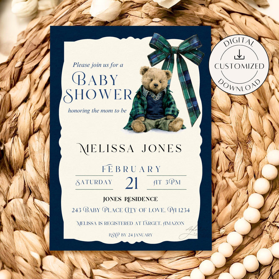 Custom Tartan Plaid Bow Polo Inspired Baby Shower Invitation, Blue & Green Teddy Bear, Classic Preppy Baby Boy Shower Evite