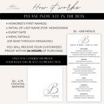 Custom Monogram Wedding Menu, Napkin Bundle, Printed & Shipped, Personalized Wedding Table Decor Set