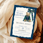 Custom Tartan Plaid Bow Polo Inspired Baby Shower Invitation, Blue & Green Teddy Bear, Classic Preppy Baby Boy Shower Evite