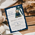 Custom Tartan Plaid Bow Polo Inspired Baby Shower Invitation, Blue & Green Teddy Bear, Classic Preppy Baby Boy Shower Evite