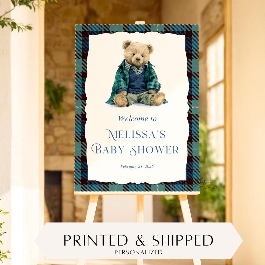 Custom Tartan Plaid Polo Inspired Baby Shower Welcome Sign, Blue & Green Tartan Plaid Teddy Bear, Preppy Baby Boy Shower Decor