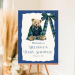 Custom Tartan Plaid Bow Polo Inspired Baby Shower Welcome Sign, Blue & Green Teddy Bear Bow, Preppy Baby Boy Shower Decor