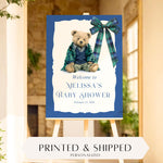 Custom Tartan Plaid Bow Polo Inspired Baby Shower Welcome Sign, Blue & Green Teddy Bear Bow, Preppy Baby Boy Shower Decor