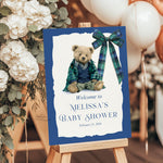 Custom Tartan Plaid Bow Polo Inspired Baby Shower Welcome Sign, Blue & Green Teddy Bear Bow, Preppy Baby Boy Shower Decor