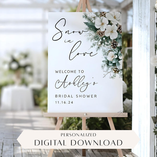 Custom Printed Snow In Love Winter Bachelorette, Bridal, Baby Shower Welcome Sign