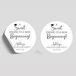Personalized Graduation Stickers, Sweet Ending To A New Beginning Graduation Party Favor Stickers, Graduation Dessert Treat Bag Labels
