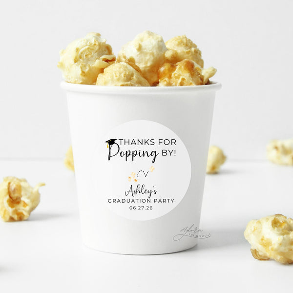 Personalized Graduation Stickers, Thanks For Popping By Popcorn Graduation Party Favor Stickers, Graduation Kettle Corn Treat Bag Labels