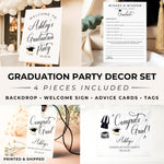 Custom Graduation Decor Bundle, Welcome Sign, Backdrop Banner, Gift Tags & Advice Cards, Personalized Graduation Party Set, Grad Party Decor