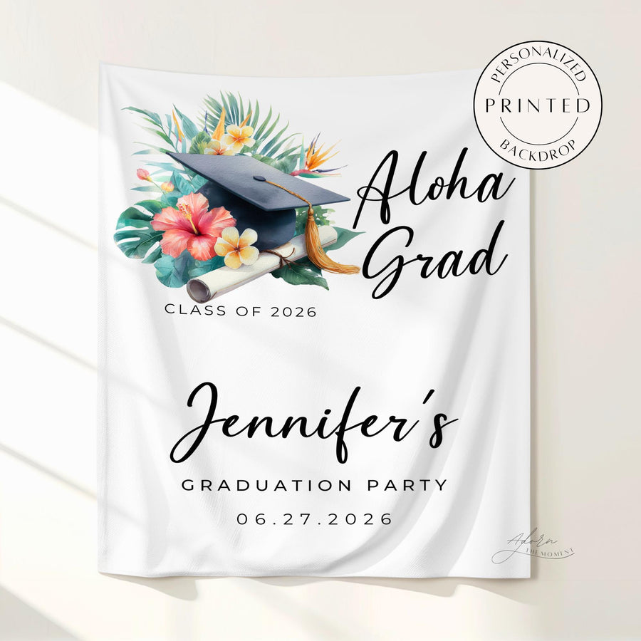 Aloha Grad Graduation Backdrop Banner, Tropical Graduation Party Decor, Hawaiian Luau Grad Party Tapestry, Personalized Graduation Banner